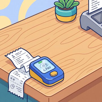 Contactless payment terminal with long paper receipt on wooden counter in playful flat cartoon style illustrating cashless checkout and retail technology.