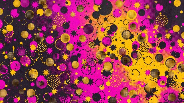 Bold pop art halftone pattern with pink and yellow dots, stars and circles on black grunge texture for retro comic style background design.