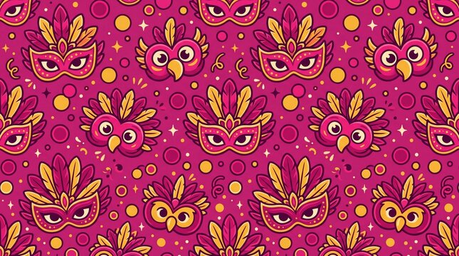 Seamless carnival pattern with masquerade masks, feathers, owls and confetti in flat cartoon style on magenta background for festive party design.