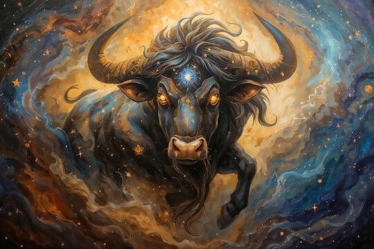 Majestic bull with glowing eyes and cosmic background. Celestial swirls surround the creature in deep blues and golds. Horoscope