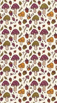 Autumn seamless pattern of hand drawn mushrooms, acorns, oak leaves and berries on cream background in cozy doodle style for fall textile and wrapping design.