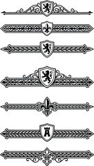 Heraldic dividers vector set, medieval royal coat of arms shields, decorative fleur de lis, lions, castle tower, black border elements © Graphiccircle