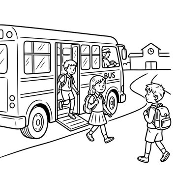 Children getting off school bus and walking toward school concept of Knowledge Day  