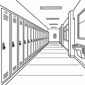 School hallway with lockers and water fountain in linear style  