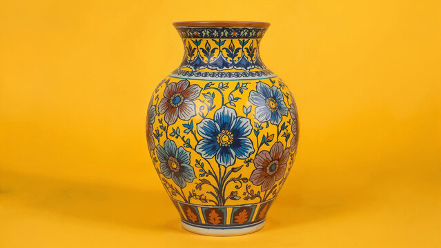 Vase glows with vivid, intricate floral designs. Blue flowers bloom against warm yellow background. Patterns swirl with elegance and cultural heritage. Ceramic vessel stands tall