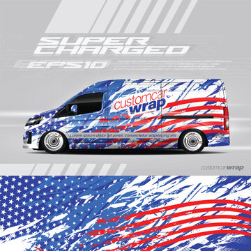 Cargo van and car wrap vector american flag. Graphic abstract grunge stripe designs for wrap branding vehicle.