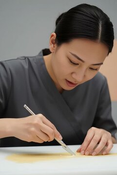 Woman carefully making precise micro-cuts with a small blade, focused and steady hand movements, subtle breathing, realistic motion