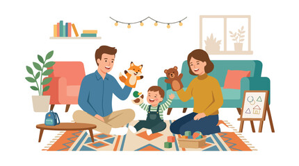 A joyful family spends quality time together, using hand puppets and toys to entertain their laughing toddler in a cozy, modern living room.