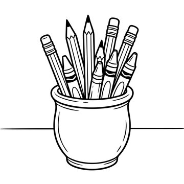 Pencils and crayons in a cup on a simple desk drawing for Knowledge Day  