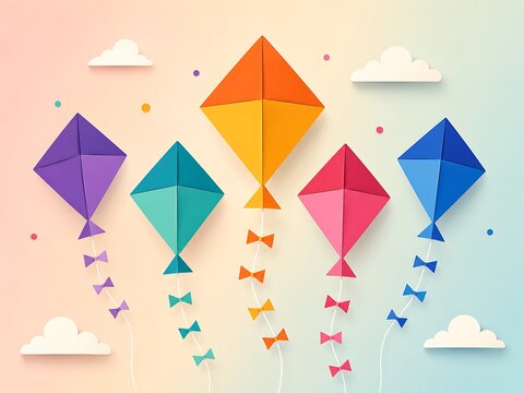 Colorful paper kites with bow tails flying high in a whimsical sky with soft clouds and pastel background