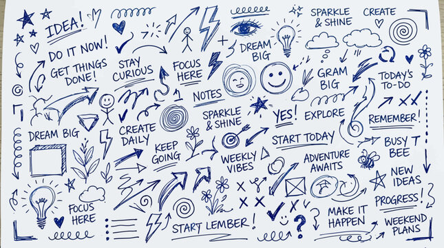 Hand Drawn Motivational Doodles and Scribbles Collection for Creative Project Planner Designing
