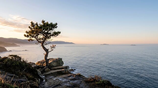 Lone pine tree on a rocky cliff overlooking the ocean at sunrise