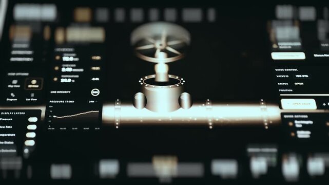 3D industrial gate valve visualization with valve control panel on a pipeline monitoring screen