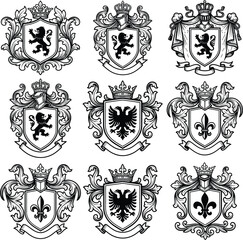Obraz premium Coat of arms vector set, vintage heraldic shield crests with crowns, knight helmets, black double headed eagle, lion silhouettes logos