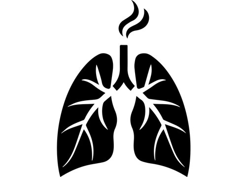 Detailed black and white icon of human lungs, representing respiratory system health, breathing, and medical science concepts