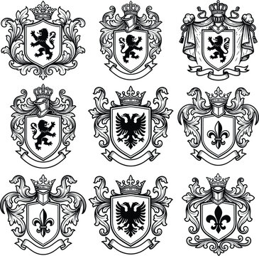 Coat of arms vector set, vintage heraldic shield crests with crowns, knight helmets, black double headed eagle, lion silhouettes logos