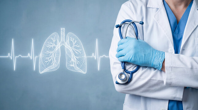 Doctor holding stethoscope with lung icon. Medical professional analyzing respiratory health.