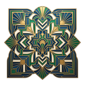 Luxury Art Deco Geometric Mandala Ornament with Gold Outlines in Navy Blue and Emerald Green Teal