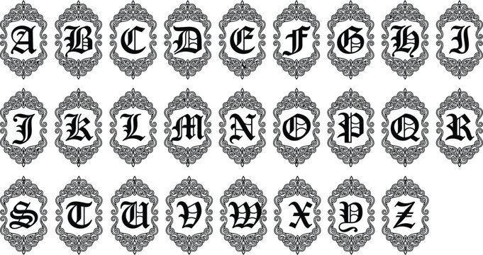 Monogram alphabet vector set, vintage gothic font letters in decorative baroque frames, heraldic emblem initial capitals, royal black characters