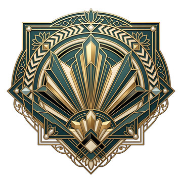 Luxury Art Deco Gold and Emerald Green Geometric Ornament with Ornate Patterns and Vintage 1920s Style