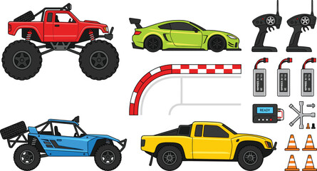 Remote Control RC Toy Car Vector Illustration Set Featuring Monster Truck Race Car Buggy Controllers Batteries and Track Elements © MDFiroj