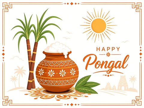 Traditional Pongal festival celebration with clay pot, sugarcane, and sun in decorative frame