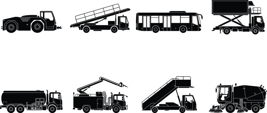 Vector silhouette icons of airport ground support vehicles including pushback tug, stair truck, shuttle bus, and fuel tanker