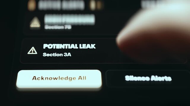 Potential gas leak alert on a pipeline monitoring interface with acknowledge and silence controls