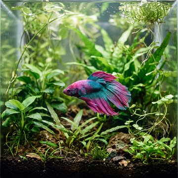 Betta fish with flowing pink and blue fins swimming in planted aquarium among green aquatic plants highlighting home aquascape hobby and underwater life.