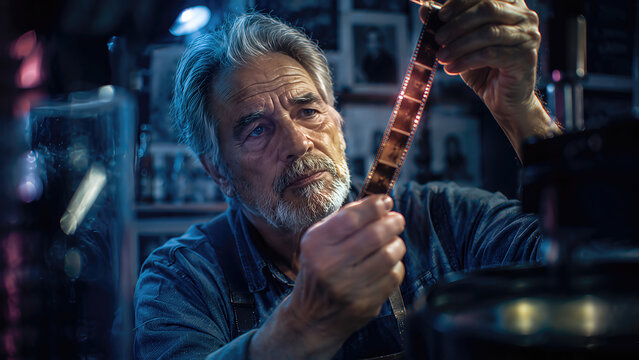 Senior male film technician examines a strip of film in a dimly lit darkroom with photographs and equipment visible in the background