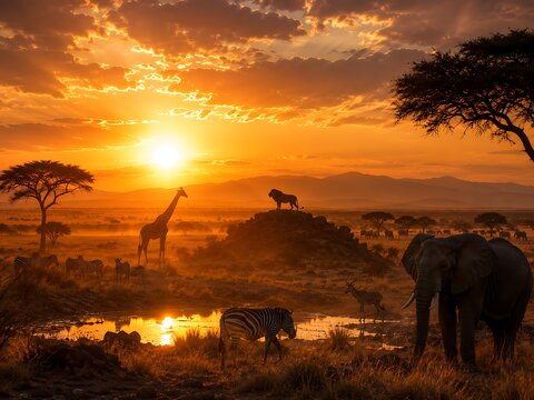 African savanna at sunset with giraffe, elephant, lion, and zebra silhouetted against golden sky