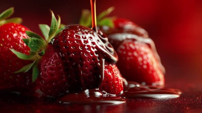 Close-up of ripe strawberries drizzled with rich dark chocolate, creating a decadent dessert experience.