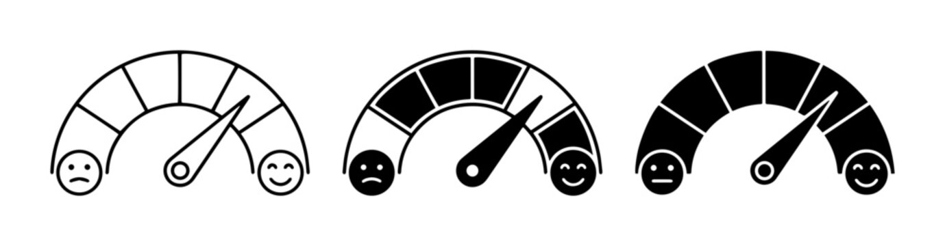Satisfaction Meter Icons, Gauge Levels, Smiley Faces, Vector Graphics