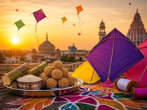 Vibrant kite festival celebration with traditional Indian sweets, colorful rangoli, and historic temple silhouette at sunset