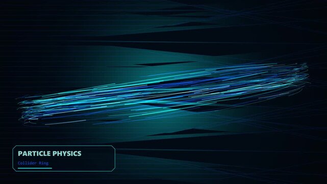 Particle physics collider ring featuring glowing neon blue light streaks swirling in a dark space environment