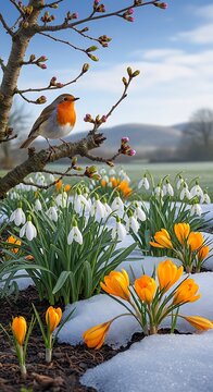 Colorful Robin Perched on Budding Branch Above Spring Flowers in Snowy Garden