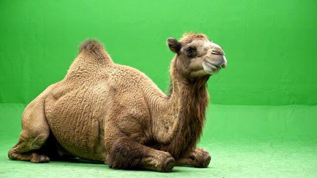 Single dromedary camel sitting calmly against a chroma key green background while chewing and looking around with subtle head movements