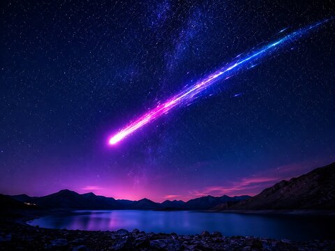 Spectacular glowing meteor streaking across a vibrant starry night sky over a serene mountain lake