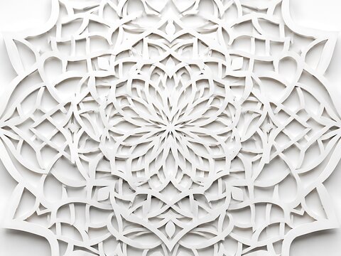 Intricate white paper cut mandala design with symmetrical geometric patterns and floral motifs