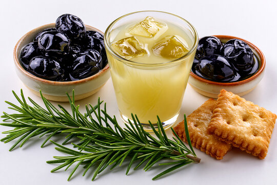 Vue du dessus d'un ap&eacute;ritif &agrave; la fran&ccedil;aise, isol&eacute; sur fond blanc. Verre de pastis avec gla&ccedil;ons au centre, entour&eacute; de bols en c&eacute;ramique avec olives noires, biscuits sal&eacute;s et branche de romarin