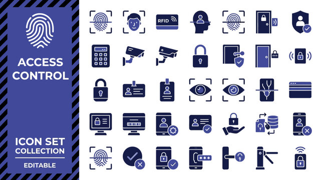 Access control and biometric security icon set for digital safety