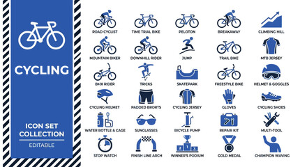 Obraz premium Comprehensive cycling and bicycle sports icon set collection
