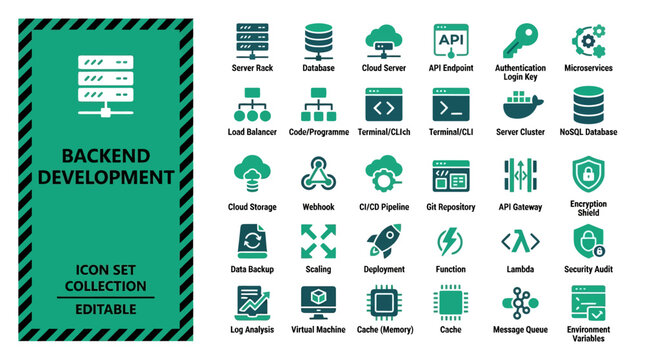 Backend development and server infrastructure technology icon set