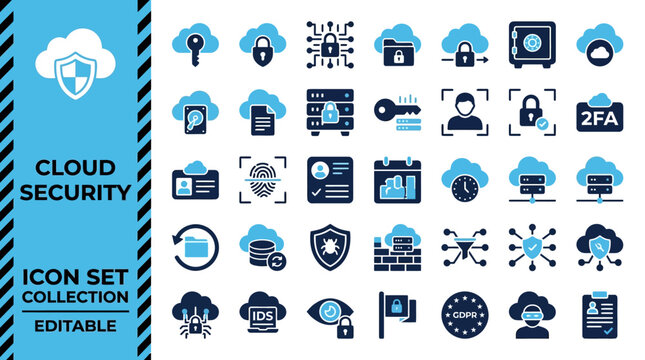 Cloud security and data protection technology icon set