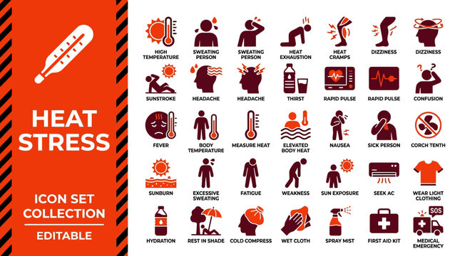 Heat stress and sunstroke symptoms prevention icon set