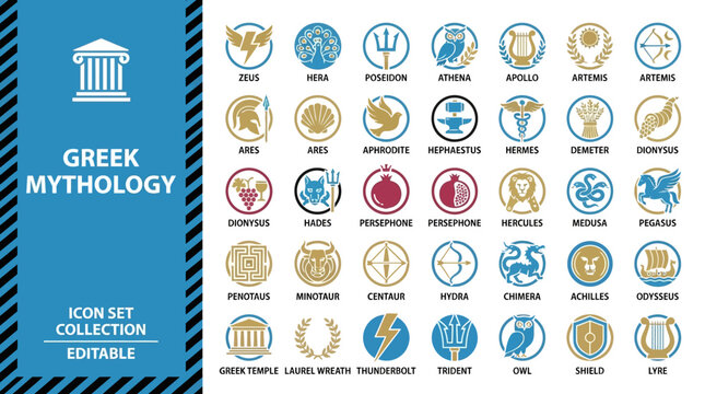 Greek mythology icon set with ancient gods goddesses and creatures