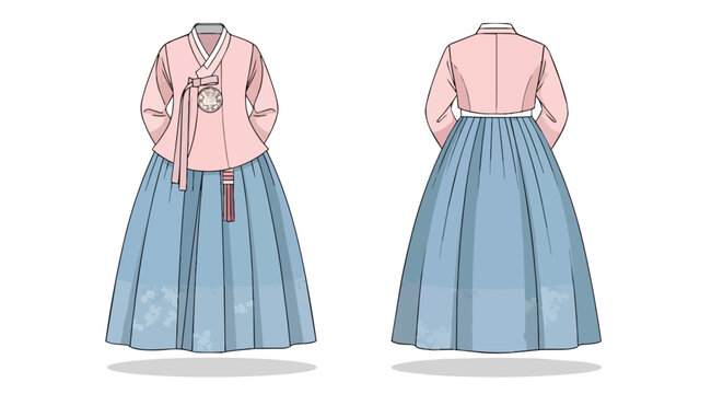 Beautiful Korean Hanbok Traditional Costume Set Front and Back Perspective Pink Top Blue Long Skirt Fashion