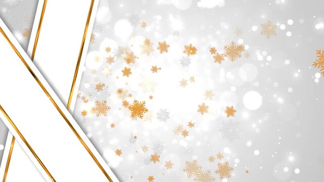 Gold snowflake background winter bokeh, silver flakes, golden accents, diagonal ribbons. holiday Christmas greetings, festive intros, wedding slides, luxury cards, seasonal promos, motion overlays.