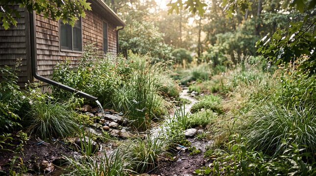 Rain garden with native grasses and stone lined water channel by wooden house downspout in green backyard, sustainable drainage and eco landscaping concept.