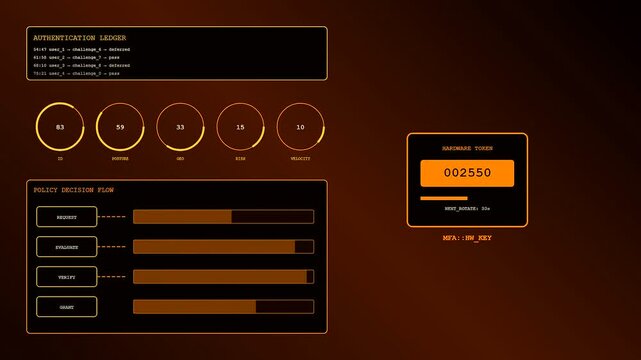 A digital screen interface featuring zero trust security protocols for monitoring system access with orange glow numerical indicators showing live authentication updates during data processing cycles